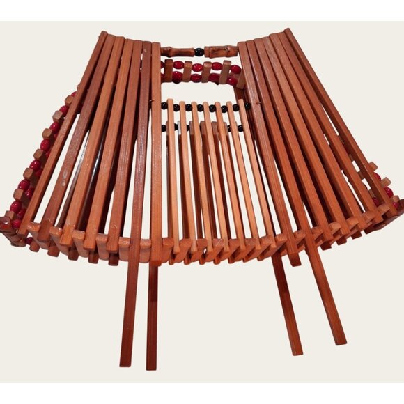 Collapsible Wooden Fruit Basket MCM Red Beads Accents Vintage Teak Wood - Picture 7 of 12